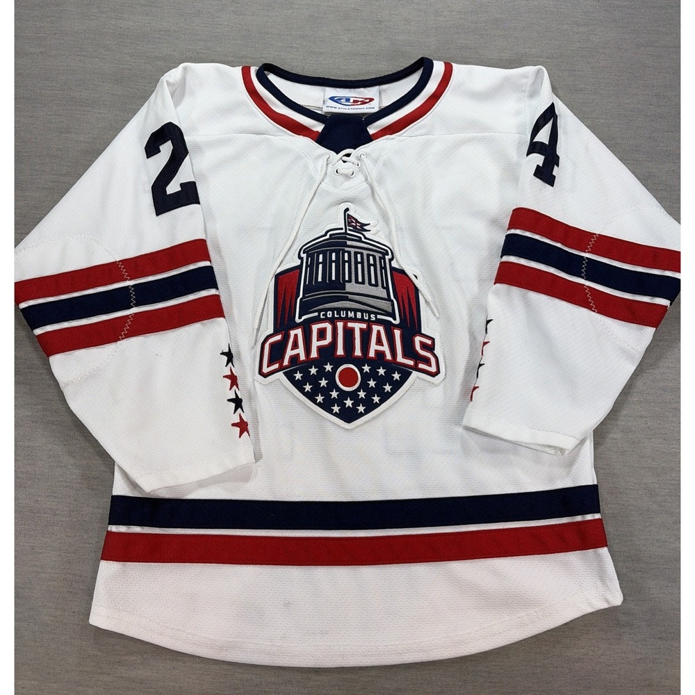 Columbus Capitals Hockey Jersey Athletic Knit Youth Size Large White #24 Sewn